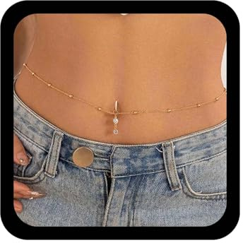 Wendalern Rhinestone Waist Body Chain Unique Belly Button Ring Beads Chain Cz Crystal Navel Ring Danging Belly Chain Beach Sexy Bikini Body Chain Body Piercing Jewelry for Women Girls
