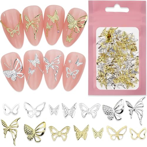140 Stück Mix Größe Formen Nail Studs Schmetterling Nail Charms Gold Silber Butterfly Charms Nägel 3D Schmetterlinge Nagel Charm Mini Metall Butterflies Nagelschmuck Nageldesign Zubehör