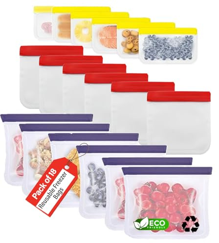 Rohi Reusable Freezer Bags | 18 Pack Leakproof Bags | Eco-Friendly Zip Locks for Fresh Food Storage