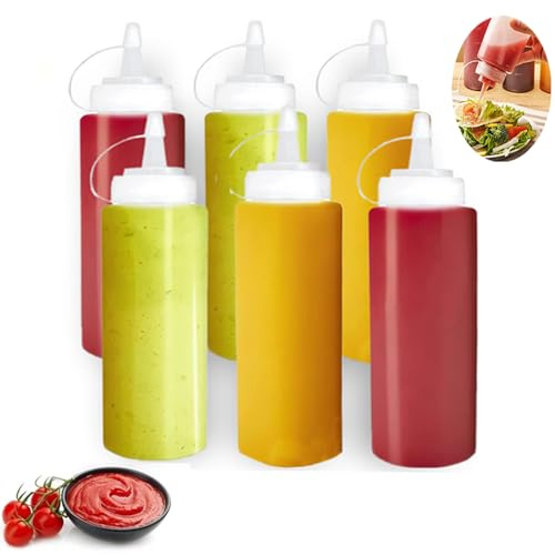 teokyat 6 Stück Quetschflasche mit Kappen 360ml - Squeeze Flasche, Saucenflasche, Soßenspender, Ketchup Flasche für Backen Ketchup Scharfe Soße Olivenöl Senf Malen Pigment