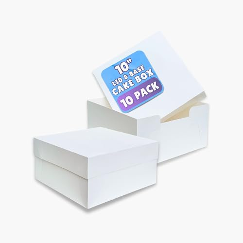 PACK N TRADE White 10 Inch Cake Box, Pack of 10 Square Cardboard Cake Boxes with Lids (10 x 10 x 6 Inches), Ideal for Safely Carrying and Transporting Cakes