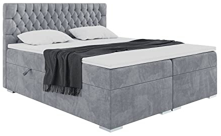 MEBLINI Boxspringbett mit Bettkasten - 140x200 - Gepolstert Doppelbett mit Matratze und Topper - Polsterbett mit Stauraum - Bett mit Kopfteil - Stauraumbett - Dalia - H4/Grau Samt