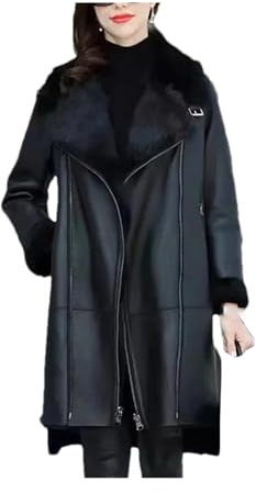 Mnjyihy Damen Verdickte PU Lederjacke Winter Reißverschlüsse Warm Locker Winddicht Parka Langer Mantel Black M