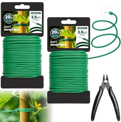 COZCLAM 40 m Grüner Gartendraht mit Schneider, 3.5mm Flexibler Pflanzendraht, Pflanzendraht Gummiert für Gartenarbeit, Tomaten, Weinreben, Weicher Pflanzendraht für Low Stress Training