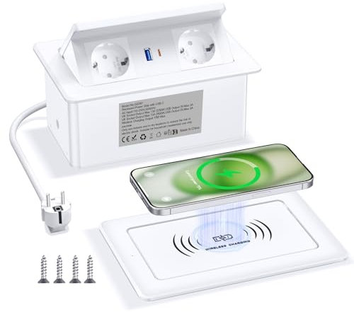 Presa a scomparsa con USB C PD 20 W e 15 W, caricatore senza fili, presa da tavolo a scomparsa, 2 prese, da incasso, tavolo a scomparsa, per piano di lavoro, divano, casa, ufficio, cavo da 1,8 m