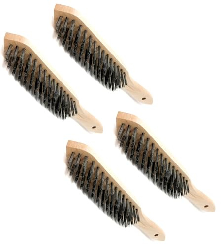Set of 4 x Wire Brush, Heavy-Duty Handheld Steel Wire Brushes with Wooden Handle - Rust Remover for Metal, Wood, Concrete - Tough Steel Wire Bristles for Paint, Dust, Debris