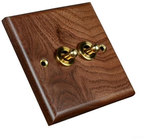 Zeroupshop Interruptor de luz de palanca, palanca de latón con placa de madera de nogal retro, interruptor de luz de palanca de latón (2 bandas)