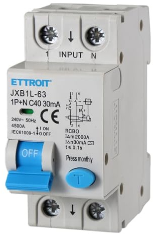 230V 40A C40, INTERRUTTORE MAGNETOTERMICO DIFFERENZIALE SALVAVITA, 1P+N, MONTAGGIO SU BARRA DIN, 2 MODULI, 30mA, 6KA 6000A, RCBO, 240VAC