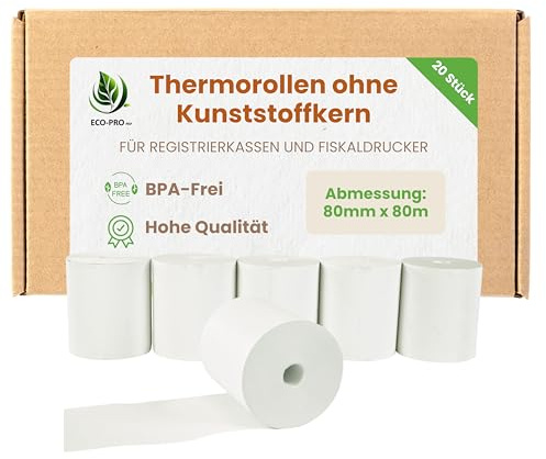 ECO - PRO PAP - Thermorollen ohne Plastikkern 80 mm x 80 m, Kassenrolle aus BPA-freiem Thermopapier, Bestimmt für Registrierkassen und Fiskaldrucker - Packung mit 20 Stück