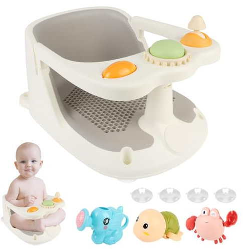 Aragallant Siège de Bain pour Bébé de 6 Mois et Plus, Anneau de Bain Bébé Antidérapante, Transat de Bain pour Bébé, Chaise de Douche pour Bebe avec 4 Ventouses, Siège Baignoire avec Jouet (Blanc)
