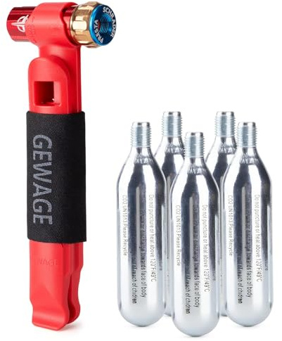 GEWAGE CO₂-cykelpump – Kompakt CO₂-patronpump för cykel med 2 däckavtagare och 5 × 16 g CO₂-patroner, kompatibel med 12 g / 16 g / 25 g, för Presta- och Schrader-ventiler (Red)