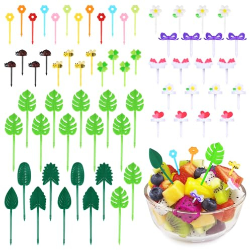 Yicenmy 64 Stück Piekser Fingerfood Kinder, Obstgabeln aus ABS, Wiederverwendbar, Brotdosen Zubehör für Desserts, Obst, Mittagessen, Party