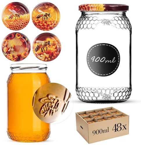 KADAX Lot de 48 grands bocaux en verre 900ml Ø82 Orange Abeille – couvercle à vis hermétique, pour conserves, cornichons, légumes lacto-fermentés et confitures maison