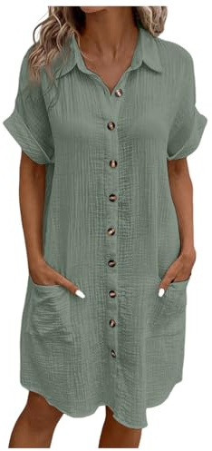 Musselin Kleid Damen Luftige Sommer Blusenkleid Falten Leinen Sommerkleid Casual Revers Style Knopfleiste Knielang Strandkleid Baumwolle Einfarbig Kurzarm Kleid Freizeitkleid mit Taschen