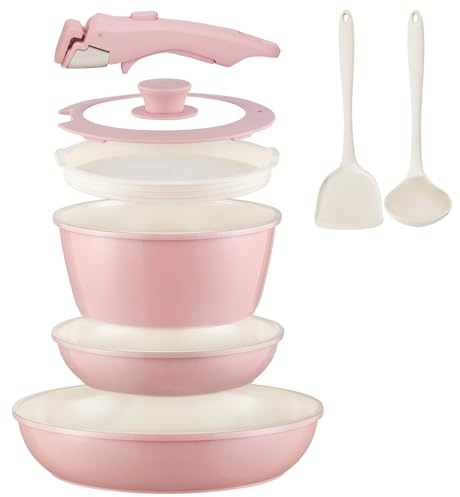 COICUR Keramik Topfsets Pfannenset mit Abnehmbaren Griff Induktion 8-Teilig, Platzsparendes Kochgeschirr Bratpfannen Backofen- & Spülmaschinenfest, PFAS/PFOA-frei, Rosa
