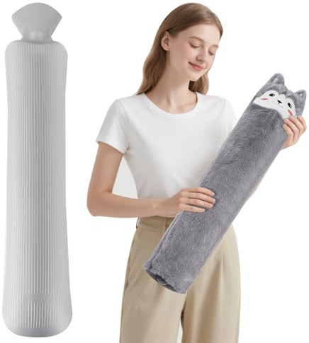 YANGUN Wärmflasche Lang mit Bezug, 62cm 2L Lange Wärmflasche Schlauch, Flauschig Tiere Nackenwärmflasche Hot Water Bottle für Nacken, Schulter, Unterleib, Rücken, Frauen Männer Geschenk Grau