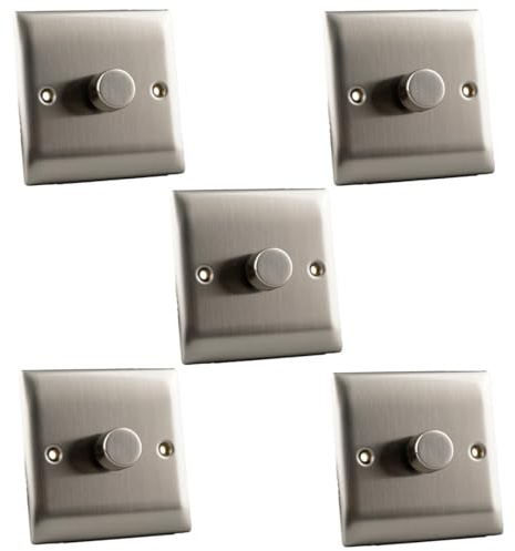 1-Gang Trailing Edge LED Dimmer Switch – Brushed Chrome Slim Edge – 2-100W LED / 10-250W Halogen – Rotary or Push On/Off – Stainless Steel Wall Plate – Modern Flat Design (Pack in 5)