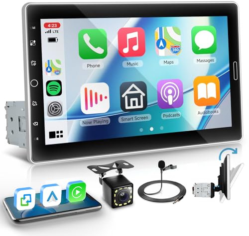 Hodozzy Autoradio 1 Din avec Carplay Android Auto, Radio 10,1 Pouces Écran Tactile Poste Radio Voiture 1 Din avec Bluetooth, FM/AM/RDS, Lien Miroir, EQ, USB/AUX, Support Vidéo en Ligne + Caméra Recul