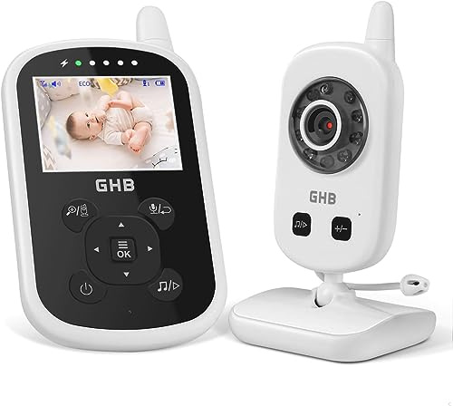GHB Baby Monitor with Camera and Night Vision, 2.4-Inch Display, 2-Way Talk, Lullaby, Temperature Alert, Feeding Reminder Black
