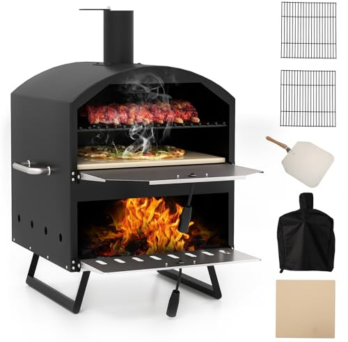 GYMAX Pizza Offen Outdoor, Pizzaofen mit 2 Grillrost, Pizzastein, Pizzaschaufel & Regenabdeckung, Tragbarer Holzofen aus Edelstahl für Partys, Camping, Treffen
