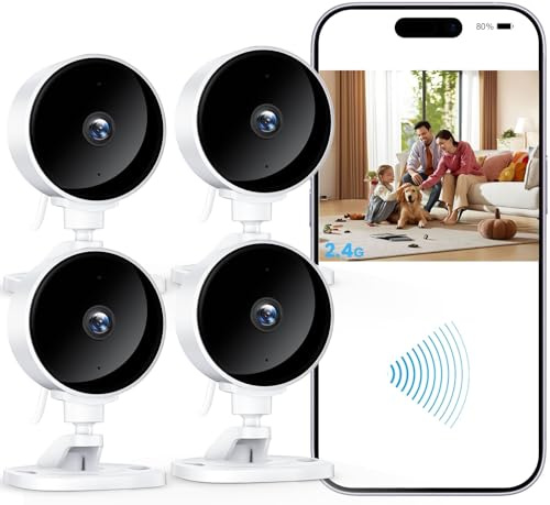 WOLFANG Telecamera WiFi Interno, Videocamera Sorveglianza 1080P, Visione Notturna, Audio Bidirezionale, Notifiche del Sensore di Movimento, scheda SD e archiviazione cloud, 360°, Confezione da 4