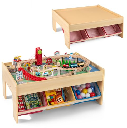 COSTWAY 94Pcs Table Circuit de Train Enfant en Bois avec 2 Plateaux Réversibles, Table d'Activités 2 en 1 avec 3 Tiroirs en Tissu Pliables, Rail en Bois Massif, pour Garçons Filles 3+ Ans