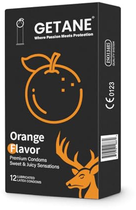 GETANE 12 PCS Orange Flavored Lubricated Condoms, Comfortable and Intensified Lubricant Orange Condoms for Men and Women, Premium Natural Latex, 12 Count Pack