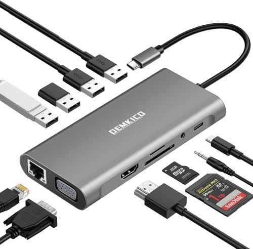 DEMKICO Hub USB C 11-en-1 Multiport avec 4K HDMI, 1080P VGA, 100W PD, USB 3.0, USB 2.0, Ethernet, SD/TF et Audio 3,5mm – USB HUB pour Ordinateurs Portables, Tablettes et Téléphones