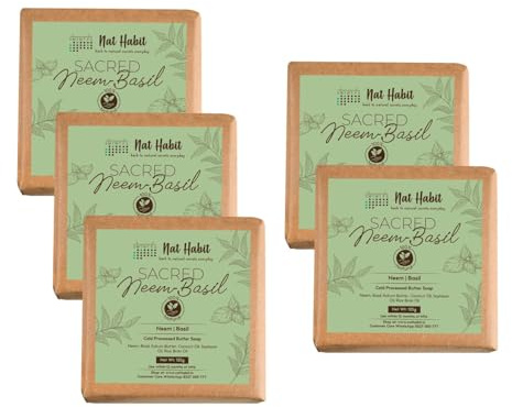 Habit Neem Basil Butter Soap|Cold Processed Ayurvedic Soap with Neem Actives|Antibacterial, Herbal Soaps for Bath|Anti-Inflammatory Handmade Neem Soap Bar|Essential Oils for Body Acne| 125g x 5