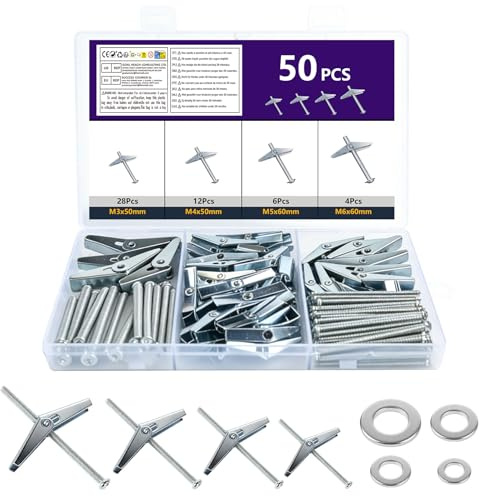 50 Stück Hohlraumdübel Metall Set, Kippdübel M6 M5 M4 M3, Federklappdübel Set, Spreizdübel Metall Hohlwanddübel Hohlraum Gipskartondübel für Rigipsdübel Rigipswand Hohlraumwände Trockenbau