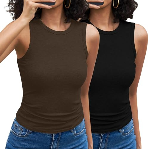 Aottori Pack 2 Camiseta de Tirantes Mujer Acanalado Elástico Cuello Redondo | Corte Ajustado, Estilo Casual, para Verano, Acabado Liso, para Uso Casual, para Primavera Verano