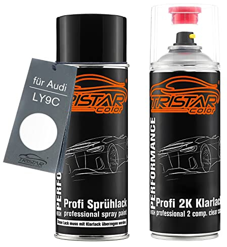TRISTARcolor Autolack Spraydose für Audi LY9C Ibisweiss/Blanc Ibis +2K | Set aus Basislack + 2K Klarlack, Sprühdosen 400ml