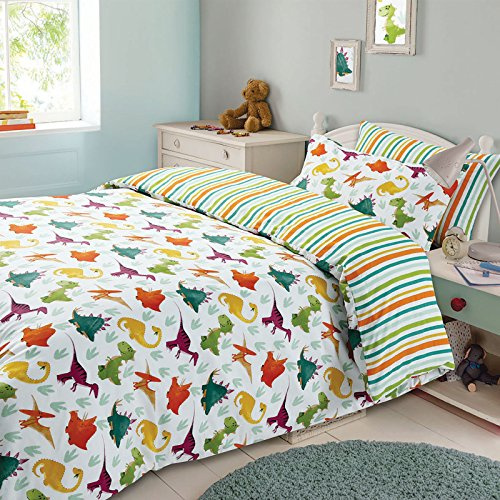 Dreamscene Duvet Cover Pillowcase Bedding Set Boys Girls Dinosaur Reversible Stripe - Double