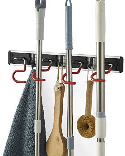 MOYODOR Wall Mounted Mop and Broom Holder Stainless Steel S Type Broom Rack Anti-Slip Mop Organizer (17 Inches,4 Positions 3 Hooks, Red black) (17inch)