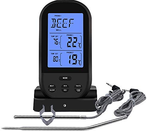 Wireless Meat Thermometer, Grill Thermometer with Alarm Timer, Remote Cooking Food Barbecue Digital Grill Thermometer, Dual Probe & Large LCD, Perfect for Grilling, Oven, Kitchen Cooking (Black)