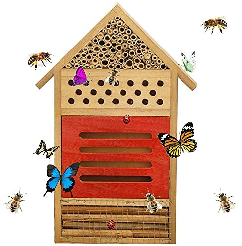 ANCLLO Insect House Natural Wooden Bee Hotel Butterfly Habitat for Gardens Ladybugs Butterfly Leaf Cutter and Many Other Beneficial Insects