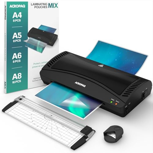 ACROPAQ Laminiergerät A4 - Laminierset mit 40 Folien, Eckenstanzer, Papierschneider - Foliengerät mit Folien, Folienschweißgerät, Versiegelungsmaschine, Laminator, Laminiergeraet - Schwarz - AL49