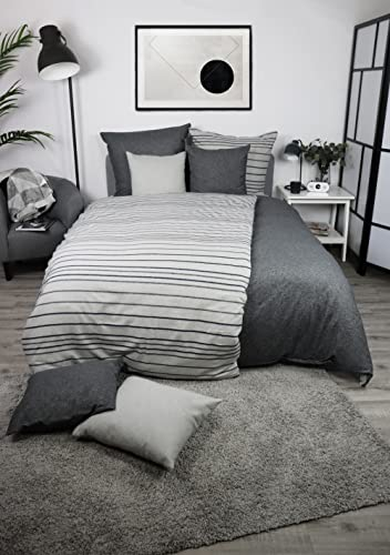jilda-tex Biber Bettwäsche Made IN Germany Melange 135x200 cm + 80x80 cm 100% Baumwolle Feinbiberbettwäsche Edel-Flanell Verschiedene Größen/Farben (Colored Stripes - Hellgrau, 135 x 200 cm)