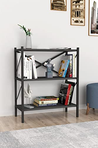 HomeHQ 3-Tier Open Shelf Bookcase, Decorative Bookshelf with 3 Shelves (Anthracite)