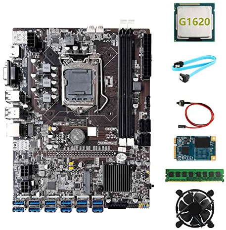 Lodokdre B75 ETH Carte mère minière 12XPCIE vers USB+G1620 CPU+DDR3 4 Go RAM + 64 G SSD + ventilateur + câble + câble Switch LGA1155 Carte mère