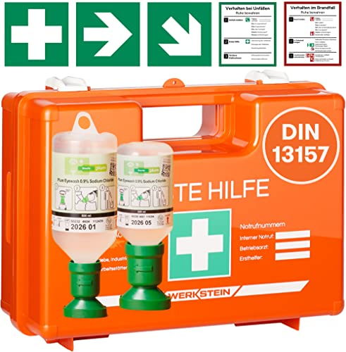 Erste Hilfe Kasten DIN 13157:2021 I Inkl. Augenspülflasche 200ml & 500ml, praktischer Wandhalterung, 5x Aufkleber & Plombe I Erste Hilfe Koffer für Betriebe, Einrichtungen & Zuhause I Verbandskasten