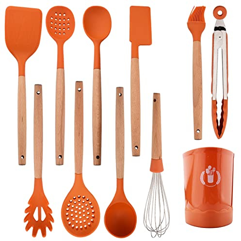 JASHII Ensemble d'ustensiles de cuisine en silicone orange avec manche en bois, ustensiles de cuisine en silicone avec support, résistants à la chaleur pour ustensiles de cuisine antiadhésifs