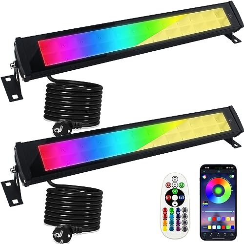 RGB Strahler 50W, 2 Stück RGB Wallwasher Licht mit Bluetooth APP Steuerung, 3000K Warmweiß Flutlichtstrahler Dimmbar LED Bar IP66 Wasserdicht Smart Partylichter für DJ Garten Halloween Bühnenlichter