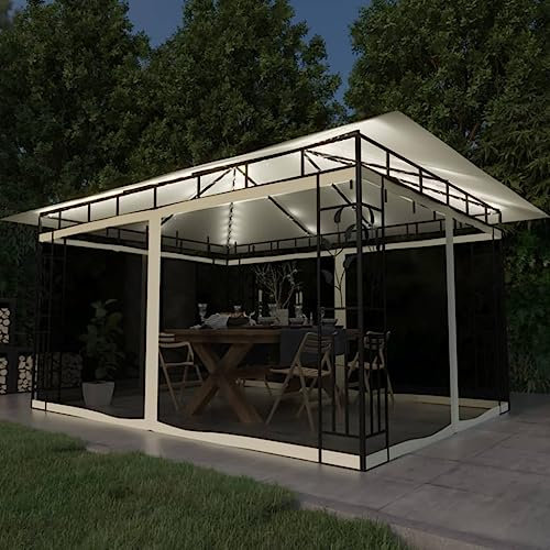 FIRBNUS Gazebo 4x3x2,73 m Crema Gazebo Da Giardino Con Zanzariera Gazebo Esterno Resistente Con Luci LED Gazebo Robusto Perfetto Per Tutti I Tipi Di Feste Ed Eventi All'Aperto