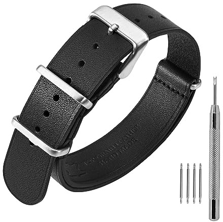 ANNEFIT Leder Uhrenarmband 18mm, Echtes Kalbsleder Einteiliges Militär Uhrenarmbänder für Herren und Damen mit Gebürstete Silberschnalle (Schwarz)