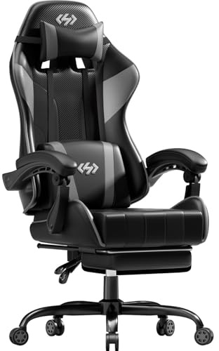 HLONONE Gaming Stuhl, Ergonomischer Gaming Sessel mit Taschenfederkissen, Racing Gamer Stuhl mit Fußstütze, Lendenwirbelstütze, Verstellbarer Bürostuhl 150 kg Belastbarkeit, PC Stuhl Schwarz-Grau