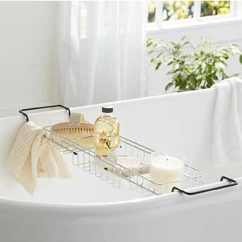 Lizaa Bath Tub Bridge Tray Caddy Extendable With Non Slip Rubber Handles Chrome Finish Storage Rack Rust Resistant & Scratch Proof Black End Coating