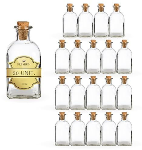 20 Quadratische Glasflaschen 100 ml mit Korkverschluss – Mini-Flaschen für Likör, Whisky, Rum und Öl | Gastgeschenk Hochzeit | Espirito Rebelde