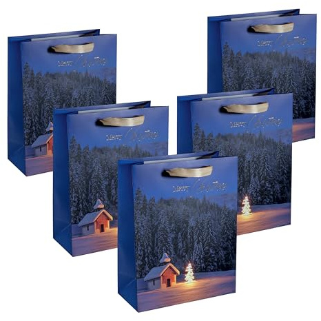 SIGEL Premium Geschenktüten Christmas Chapel groß 33 x 26 cm 5er Set | GT115/5, Blaues Motiv mit Seidenbandgriffen für Weihnachten