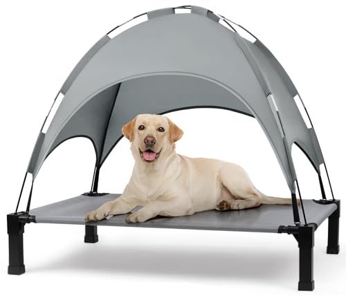Heeyoo Elevated Dog Bed with Canopy, Outdoor Dog Bed Cot with Removable Shade Tent, Portable Raised Pet Cot Cooling Bed for Dogs and Cats, Grey, 51 x 36